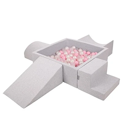 Immagine di KiddyMoon Area di Gioco in Schiuma con Quadrato Piscina Palline (300 Palline) per Bambini, Grigioch:Rosa Chiaro/Perla/Transparente
