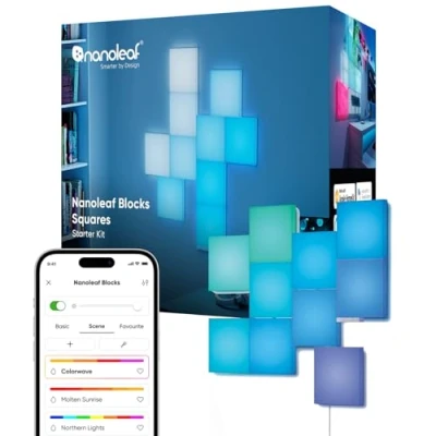 Immagine di Nanoleaf Blocks Kit Iniziale 10 Quadrati Illuminazione Diffusa Uniforme, Pannelli da Parete RGBW, Luci Led 16M Colori, Sincronia Musica e Schermo, Thread/WiFi Controllo App Vocali (Alexa Apple)