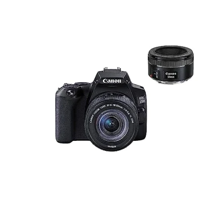 Immagine di Canon EOS 250D Fotocamera digitale con obiettivi EF S 18 55 mm F4 5.6 IS STM + 50 F1.8 (24,1 MP, 7, 7 cm (3&quot;), sensore APS C, 4K, Full HD, DIGIC 8, WLAN, Bluetooth), nero