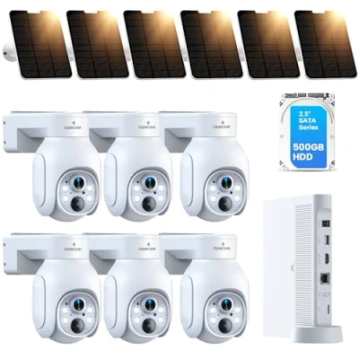 Immagine di CAMCAMP 4MP Kit Videosorveglianza WiFi Solare Senza Fili Esterno, 6x Telecamera a Batteria con Pannello Solare, 10CH NVR e 500GB HDD, Visione Notturna Colori, Rilevamento PIR, Audio 2 Vie, IP66