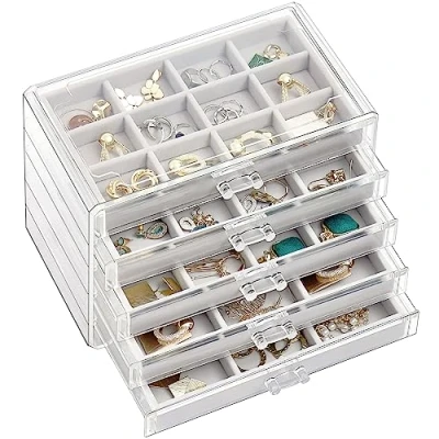 Immagine di ProCase organizer per gioielli in acrilico, trasparente gioielli, con 5 cassetti, orecchini, collane, anelli, la casa Grigio