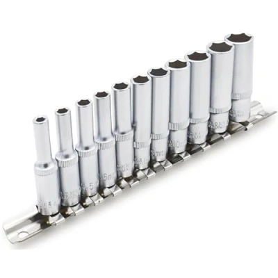 Immagine di DAKCOS set di 11 bussole lunghe esagonali, attacco da 1/4&quot;, chiavi a bussola metriche 4 13 mm, con guida in metallo, per riparazioni auto domestiche e fai te, CR V, lunghezza 50 mm