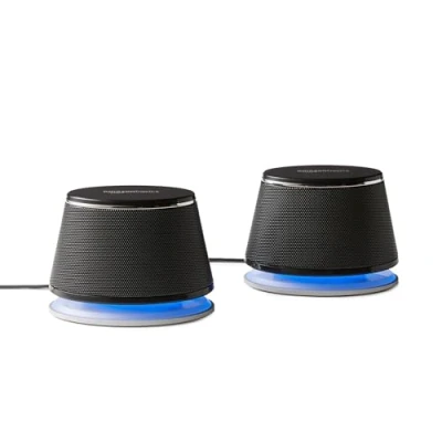 Immagine di Amazon Basics, Altoparlanti stereo 2.0 per PC fisso o portatile, ingresso AUX da 3,5 mm, alimentazione USB, 1 paio, nero