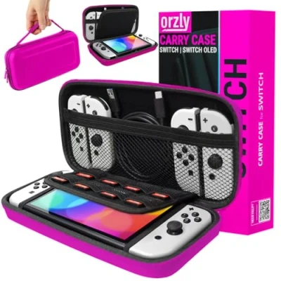 Immagine di Orzly Custodia da Trasporto Compatibile con Nintendo Switch e New Console OLED Rosa Protettiva Viaggio Portatile Rigida a Conchiglia Tasche per Accessori Giochi