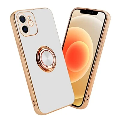 Immagine di Cadorabo Custodia Compatibile con Apple iPhone 12 in Glossy Bianco Oro Anello Coperchio Silicone TPU Flessibile, Protezione per la Fotocamera e Supporto Magnetico l&#039;auto