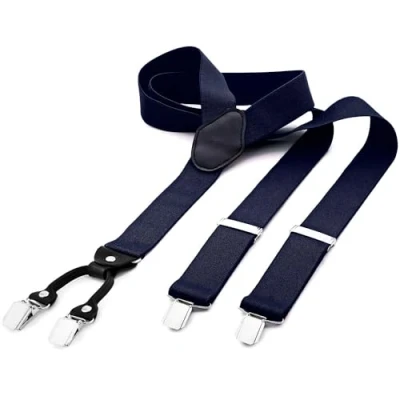 Immagine di DonDon Bretelle uomo larghe 3,5 cm 4 clips in pelle a y elastiche e regolabili blu scuro