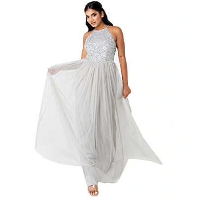 Immagine di Maya Deluxe Donna per Damigella d&#039;Onore, Maxi Abito con Scollo all&#039;Americana E Paillettes Vestito d’Onore, Grigio Chiaro, 42