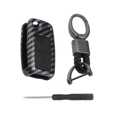 Immagine di YINETTECH Guscio per Chiave Auto in Ssilicone con Fibra di Carbonio ABS a 2 Pulsanti Cover Smart Portachiavi Compatibile Golf 4 5 6 (Nero)