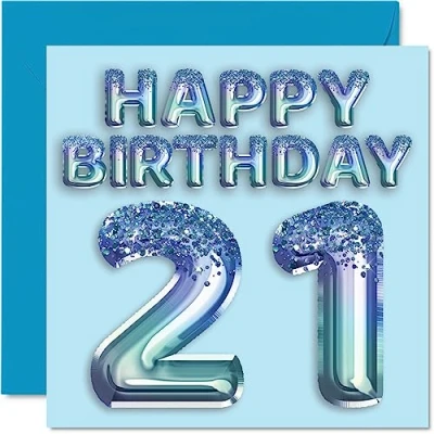 Immagine di Stuff4 Biglietto di auguri per 21 compleanno da uomo, con palloncini blu glitterati, anni, fratello, figlio, nipote, zio, 145 mm x mm, regalo ventunesimo