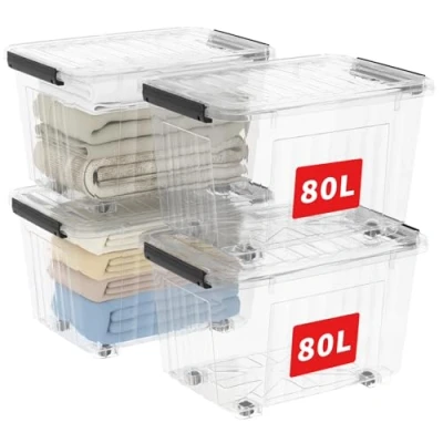 Immagine di Cetomo Contenitore in plastica da 80 l x 3 con coperchio durevole e fibbie a chiusura sicura, impilabile annidabile, confezione 4, trasparente fibbia nera