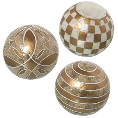 Immagine di DRW Set 3 Palline di Madreperla con Cerchi e Quadri in Toast Bianco, 10 cm, Multicolore, estandar