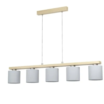 Immagine di Eglo lampada a sospensione Castralvo, 5 lampadine, in acciaio e nichel opaco, legno marrone tessuto bianco, per tavolo di cucina, certificazione FSC, attacco E27
