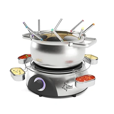 Immagine di SUNTEC Fondue elettrica Fino a 8 Persone Forchette + paraspruzzi Supporto per Salse Alternativa alla raclette Pentola Formaggio Cioccolata Grasso Set in Acciaio Inox FON 8014 V2A