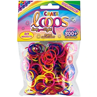 Immagine di Craze Loops 300 elastici per Braccialetti fai da te, borsa in alluminio con anelli, bracciali, collane, artigianato bambini, diversi colori 51116