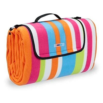 Immagine di Relaxdays Coperta da Picnic XXL, Plaid Impermeabile, Rivestimento in Alluminio Isolante, Pieghevole e Salvaspazio, con Manico, Telo 200x200, a Righe Colorate