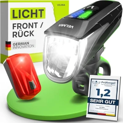 Immagine di Velmia Luci per Biciclette [Set] a LED Fino 8,5 Ore di Durata e 3 Livelli luminosità; Ricaricabile USB Secondo codice Stradale; incl. Display Batteria intensità Luminosa