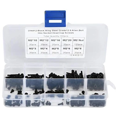 Immagine di M2 Bolt and Nut Kit, 300pcs Alloy Steel x 3/4/5/6/8/10/12/16/20mm Hex Socket Screw Kit with Storage Box