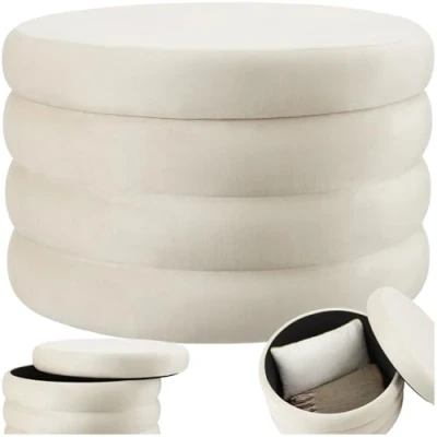 Immagine di TecTake® Sgabello Imbottito, Contenitore, Stile Scandinavo, Camera da Letto, Contenitore Rotondo, Pouf Salotto Effetto Velluto Crema/Bianco, XL