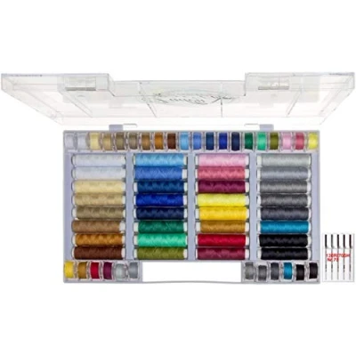 Immagine di Set da cucito 64 pezzi: 32 spolette e rocchetti di filo per macchina cucire, in diversi colori, 100% poliestere + 5 aghi universali cucire