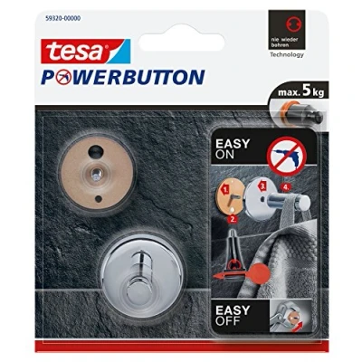 Immagine di Tesa Powerbutton Gancio autoadesivo universale, in metallo cromato, portata massima 5 kg, colore: Argento lucido