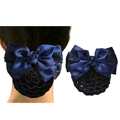 Immagine di Rete per capelli da donna con fiocco in raso, accessorio chignon hostess, banche, alberghi, ristoranti, blu