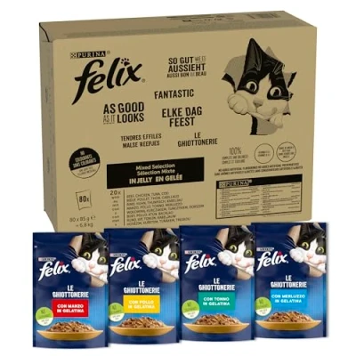 Immagine di Purina Felix Le Ghiottonerie Cibo Umido per Gatti con Manzo, Pollo, Merluzzo e Tonno, 80 Buste da 85g