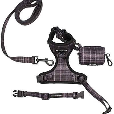 Immagine di Paw Highness Set di pettorine per cani, collare, guinzaglio, borsa cacca e in tartan nero extra piccolo