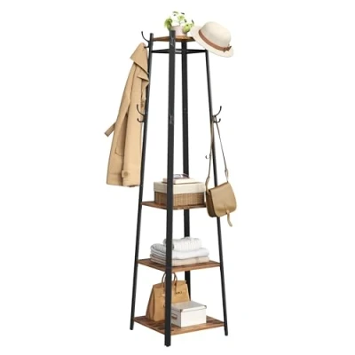 Immagine di VASAGLE Appendiabiti da Ingresso, Attaccapanni Terra, Portabiti con 3 Ripiani per Cappelli, Sciarpe, Borse e Ombrelli, Ganci Barre, Struttura in Acciaio, Marrone Vintage Nero LCR80X