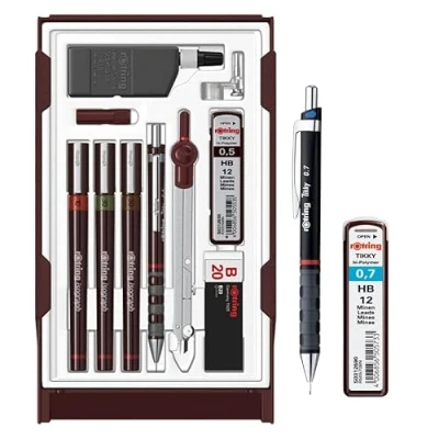 Immagine di rOtring Isograph Technical Pen Master Set S0699420 3 Fineliner (0,10 mm, 0,30 0,50 mm), portamine (0,5 bussola e accessori, da 10 pezzi con astuccio matita 0,7 mm ricariche