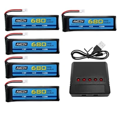 Immagine di AMZZN 5PCS 3.7V 680mAh 1S Lipo Batteria Molex Spina con 5 in 1 Caricatore per Wltoys XK K110 K110S V977 V988 V930 Q282 Telecomando Drone, Quattro Assi Aircraft Backup