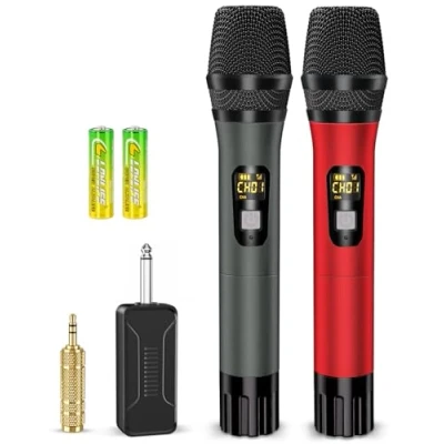 Immagine di DigitConvert microfono senza fili, UHF, doppio wireless, in metallo, con ricevitore ricaricabile, set di per sistema PA, DJ, canto, discorso, chiesa, feste, matrimoni