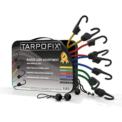 Immagine di Tarpofix® funi elastiche per bagagli, premium, in molte misure, set da 25 pezzi universale, inclusirete portaoggetti e tenditore telone, elastici molto forti con gancio bici, moto auto