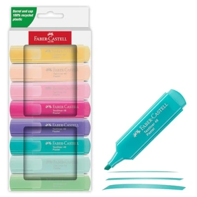 Immagine di Faber Castell 254658 Set 46 evidenziatori, 8 evidenziatori pastello con punta a cuneo lunga durata, larghezza linea 1 5 mm, ricaricabili