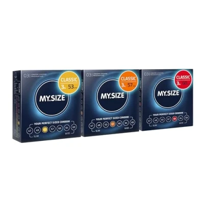 Immagine di MY.SIZE preservativi classici confezione di prova da 3 I 53, 57, 60 mm larghezza 3x3 pezzi premium extra sottili fedeli al tatto 0,07 spessore delle pareti