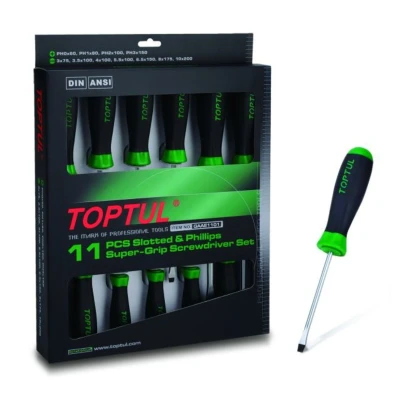 Immagine di TOPTUL GAAE1101 Kit cacciavite 11 Plastica Intaglio, Intaglio a croce (PH) 3.0, 3.5, 4.0, 5.5, 6.5, 8.0, PH0, PH1, PH2, PH3 Display (cartone)