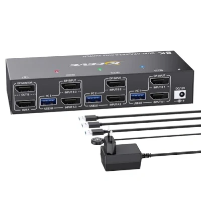 Immagine di Switch KVM 8K DisplayPort 3 PC 2 Monitor @30Hz, 4K@144Hz, Dual con 1.4 e 4 porte USB 3.0 per PC/laptop, cavo DP+ controller desktop