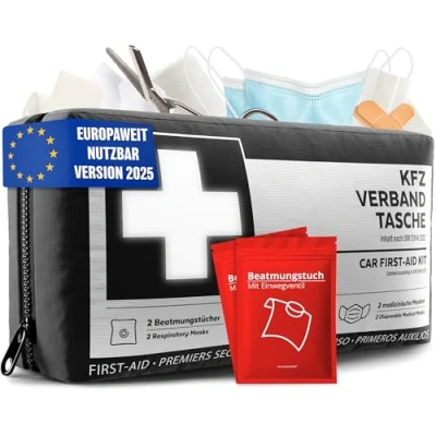 Immagine di Borsa di medicazione per auto secondo la norma attuale 2024/2025, con panni ventilazione, utilizzabile in tutta Europa, set pronto soccorso, DIN 13164:2022 (conforme alle norme locali vigenti)