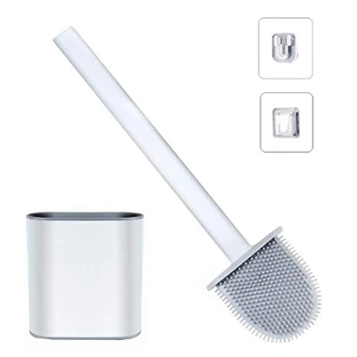 Immagine di Scopino WC in silicone e supporti spazzola per pulizia profondità, con manico lungo plastica antiscivolo setole flessibili, supporto ad asciugatura
