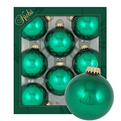 Immagine di LAUSCHAER Set di 8 palline in tinta unita lucida verde smeraldo, 6,7 cm, con corona dorata + 50 ganci rapidi oro