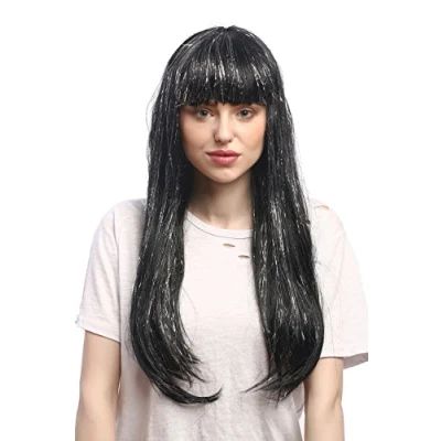 Immagine di WIG ME UP 90799 ZA103 Argento Parrucca Donna Carnevale Nero Lunga Liscia Frangetta Glitter Fili Argentati 55 cm