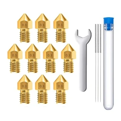 Immagine di MMOBIEL 10 pz. ugelli estrusore per stampante 3D MK8 in ottone da 0,3 mm compatibile con serie Creality Ender 3, 5, CR 10/10S, Makerbot, inclusi 3 aghi pulizia e chiave