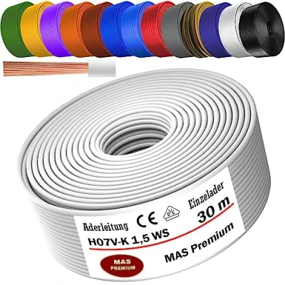 Immagine di MAS Premium cavo da 5 a 100 m H07 V K 1 x 1,5 mm² SW, HBL, GNGE, GN, RT, DBL, BR, OR, GR, WS, VIO, U MAR.BL o GE singolo flessibile (bianco, 30 m)