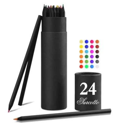 Immagine di Surcotto matite colorate, 24 colorate per adulti, bambini, pastelli in lattina principianti, a base d&#039;olio, colori vivaci, legno nero, pre affilate