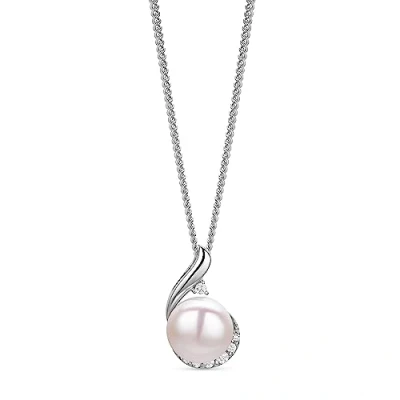 Immagine di OROVI Collana Donna Argento, Catenina con Ciondolo di Perla Coltivata d&#039;Acqua Dolce Argento 925 Rodiato impreziosita da Zirconi taglio Brillante. Catena Grumetta Cm 46. Gioiello anallergico.