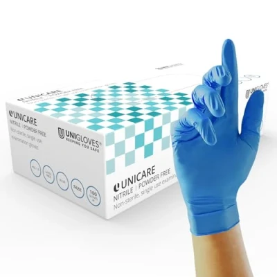 Immagine di Unigloves Unicare GS0031 Guanti Blu in Nitrile Monouso, Senza Polvere, Privi di Lattice, Ideale per Uso Medico e Alimentare, Ambidestri, Usa Getta, Resistenti agli Agenti Chimici, Taglia XS