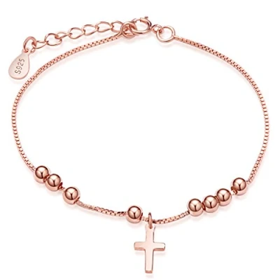 Immagine di Infinite U Braccialetto da donna alla moda con ciondolo a forma di croce semplice e perline in argento Sterling 925, regolabile tramite catenina aggiuntiva, oro rosa