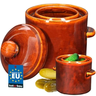 Immagine di KOTARBAU® Pentola per fermentazione, 1,8 l, marrone in gres porcellanato con coperchio ermetico, cetriolo, casseruola ceramica grondaia, contenitore