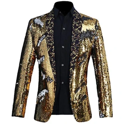 Immagine di PYJTRL Giacca da Uomo con Paillettes Lucide (Oro E Argento, M)
