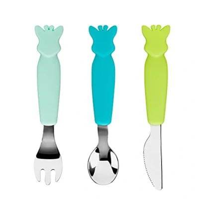 Immagine di Sophie la Girafe Set di 3 posate Forchetta, Coltello Forchetta e Cucchiaio Silicone Forma Giraffa sulle Maniche Imparare a mangiare come un grande