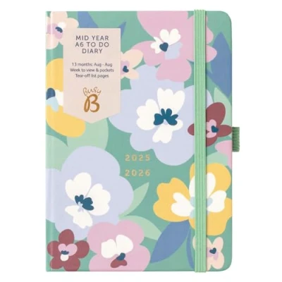 Immagine di Busy B A6 Diary Mid Year Academic Planner Aug &#039;25 &#039;26 Floral Print Journal Week To View with Do Lists, Notes Pages, 3 Pockets, Pen Loop, &amp; Elastic Closure